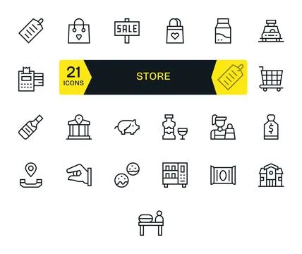 Store Modern Vector Collection with 25 Regular Line 128x128 Pixel Aligned Ico Stock Illustration