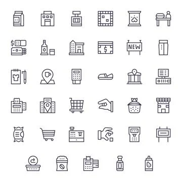 Store Modern Vector Collection with 35 Regular Line Retina Ready Pixel Opti.. Stock Illustration