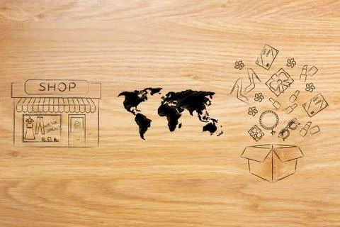 Store next to world map and open parcel full of items Stock Illustration
