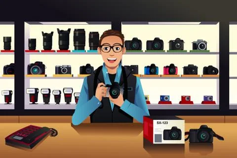 Store owner in a camera store Stock Illustration