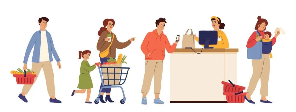 Store queue. Cartoon waiting line, food shopping market or supermarket. Customer Stock Illustration