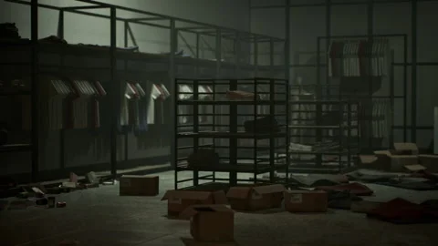 Store ravaged by thieves with scattered items and overturned shelves at night Stock Footage 304464285