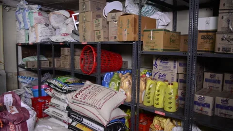 STORE ROOM WITH VARIOUS GROCERY ITEMS Stock Footage 130654411