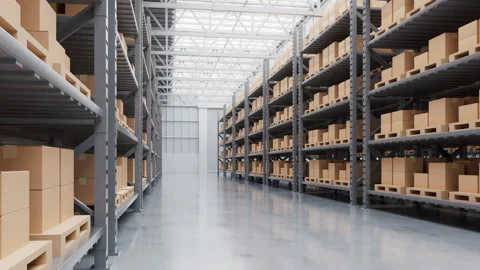 Store shelves with boxes goods in the warehouse, 3d rendering. Stock Footage 346678515