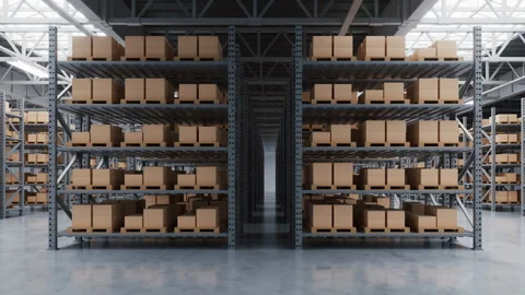 Store shelves with boxes goods in the warehouse, 3d rendering. Stock Footage 346688800
