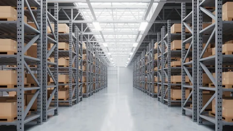 Store shelves with boxes goods in the warehouse, 3d rendering. Stock Footage 346734715