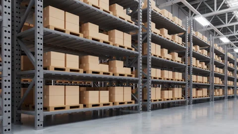 Store shelves with boxes goods in the warehouse, 3d rendering. Stock Footage 346735241