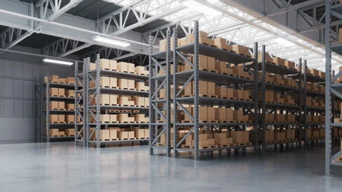 Store shelves with boxes goods in the warehouse, 3d rendering. Stock Footage 346735502