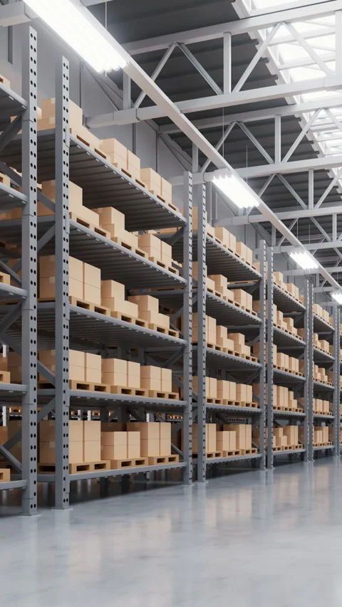 Store shelves with boxes goods in the warehouse, 3d rendering. Stock Footage 346737148
