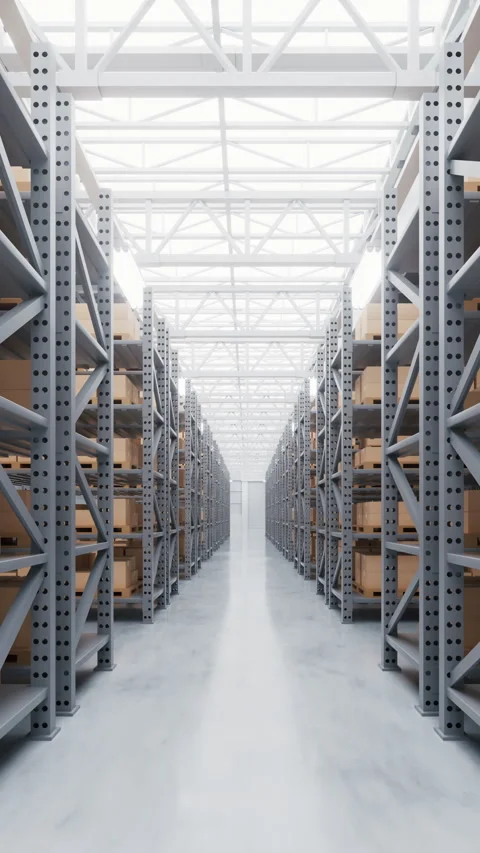 Store shelves with boxes goods in the warehouse, 3d rendering. Stock Footage 346741626