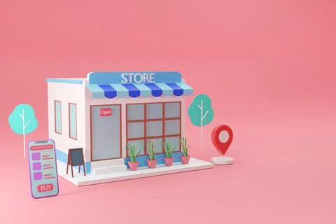 Store with smartphone shopping online social media application concept, 3d re Stock Photos