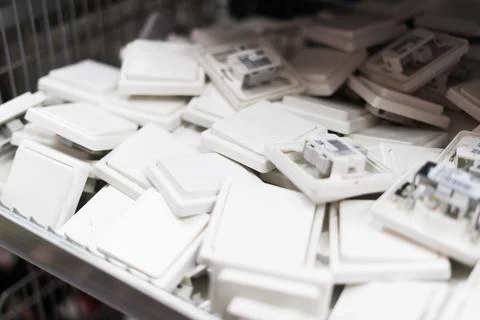 Store socket and switch display of products on sale on wall demonstration models Stock Photos