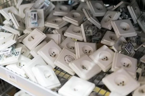 Store socket and switch display of products on sale on wall demonstration models Stock Photos