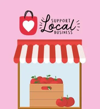 Store with tomatoes inside box and support local business vector design Illustrazione stock