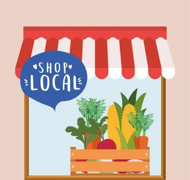 Store with vegetables inside box and shop local inside bubble vector design 스톡 일러스트