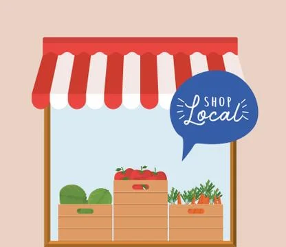 Store with vegetables inside boxes and shop local inside bubble vector design 스톡 일러스트