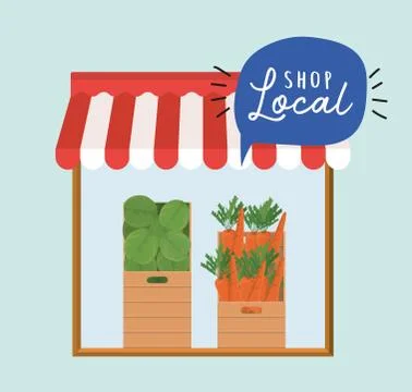 Store with vegetables inside boxes and shop local inside bubble vector design 스톡 일러스트