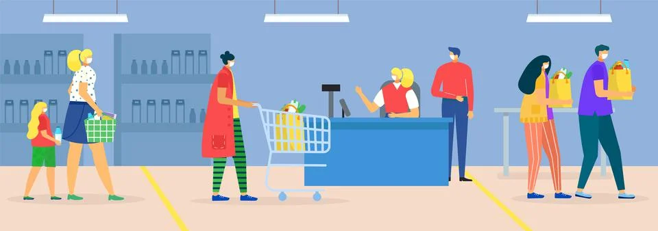 Store while coronavirus, vector illustration. Man woman character in mask イラスト素材