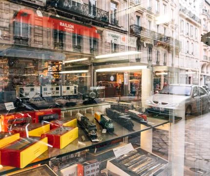 Store window facade selling multiple toy collectible model train Stock Photos