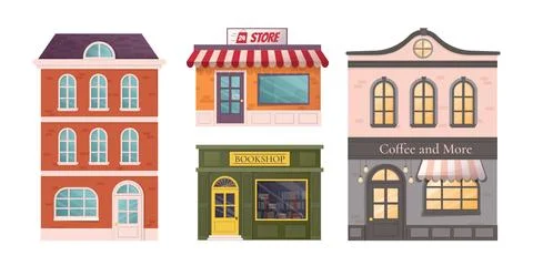Storefront and building facades set. Vector illustration Ilustración de archivo