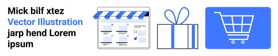 Storefront and website interface, gift box with ribbon, shopping cart symbol, Ilustração Stock