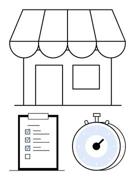 Storefront with awning, checklist with completed tasks, and stopwatch. Ideal  Stock Illustration