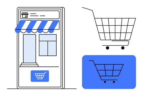 Storefront with awning on a mobile screen and shopping cart icons. Ideal for  Stock Illustration