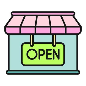 Storefront building displaying green open sign Ilustración de archivo