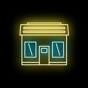 Storefront building glowing neon sign on dark background Ilustración de archivo