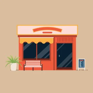Storefront cafe flat vector. building faces a street with a bench Stock Illustration