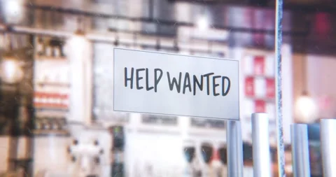Storefront Help Wanted sign in a 3D animation Stock Footage 251362894