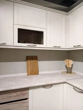 Storefront kitchen displays arranged to showcase different materials and fi.. Stock Photos