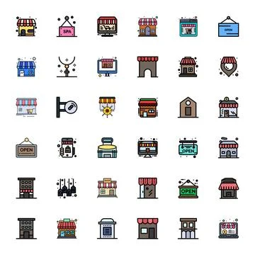 Storefront Modern Vector Collection with 36 Flat Line Filled 128x128 Detail.. Stock Illustration
