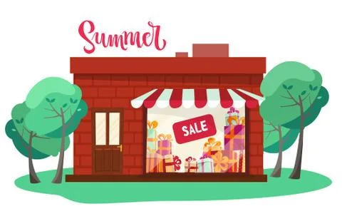 Storefront of store building, facade front view in front of green trees. Shop Ilustración de archivo
