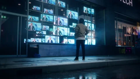Storefront Television Display with a Man Watching News Vídeo Stock 295353429