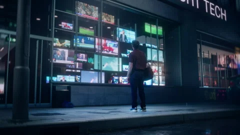 Storefront Television Display with a Man Watching Broadcast Channel 스톡 동영상 295354669