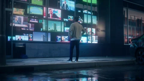 Storefront Television Display with a Man Watching Broadcast Channel Vídeos de archivo 295354929