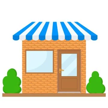 Storefront with window and door, facade of the building shop with blue awning Stock Illustration