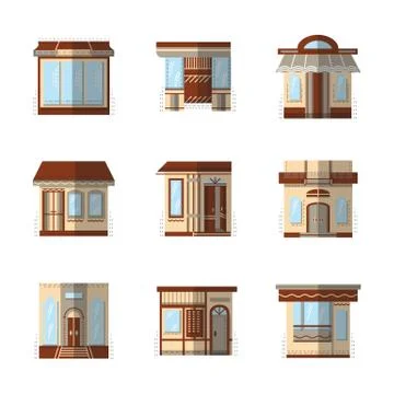 Storefronts flat color vector icons Stock Illustration