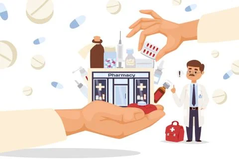 Storefronts pharmacy in big hand, vector illustration. Building design for sales Ilustración de archivo