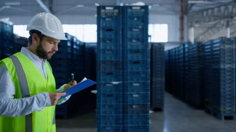 Storehouse worker inspecting crates before shipment analysing work process Stock Footage 169873006