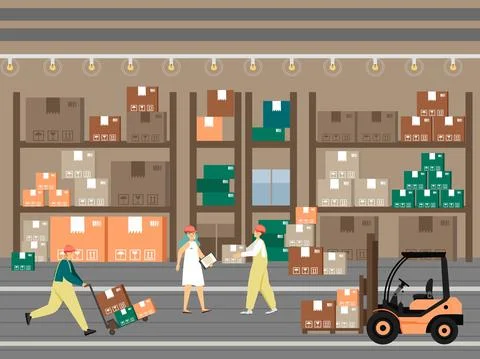 Storekeeper, loader, forklift operator work in warehouse. Receiving, shipping Stock Illustration