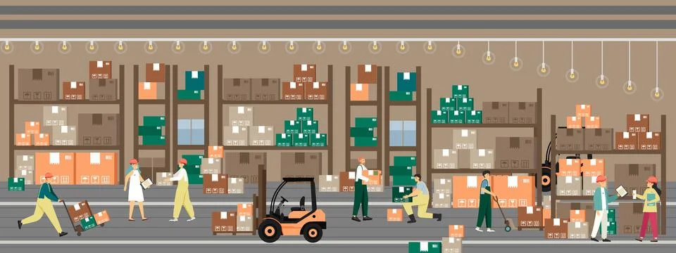 Storekeeper, loaders, forklift operator work in merchandise warehouse. Storage Illustration