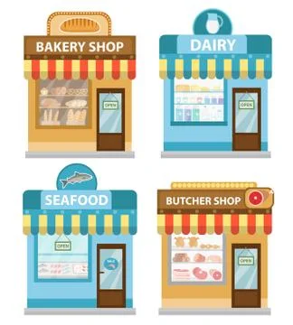 Stores building set, flat style. Shop collection isolated on white backgrou.. Ilustración de archivo