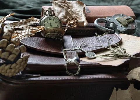 A storied collection rests in the dim light of memory. A pocket watch, a sk.. Stock Photos