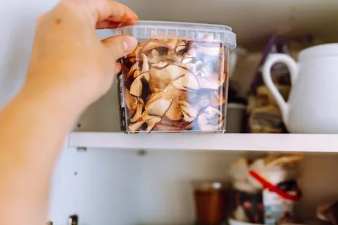 Storing apple chips in an eco-plastic box Stock Photos