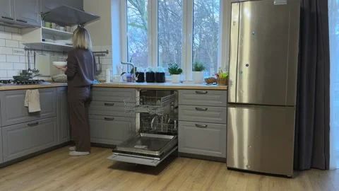 Storing Clean Plates In Upper Kitchen Cabinet Stock Footage 344249144