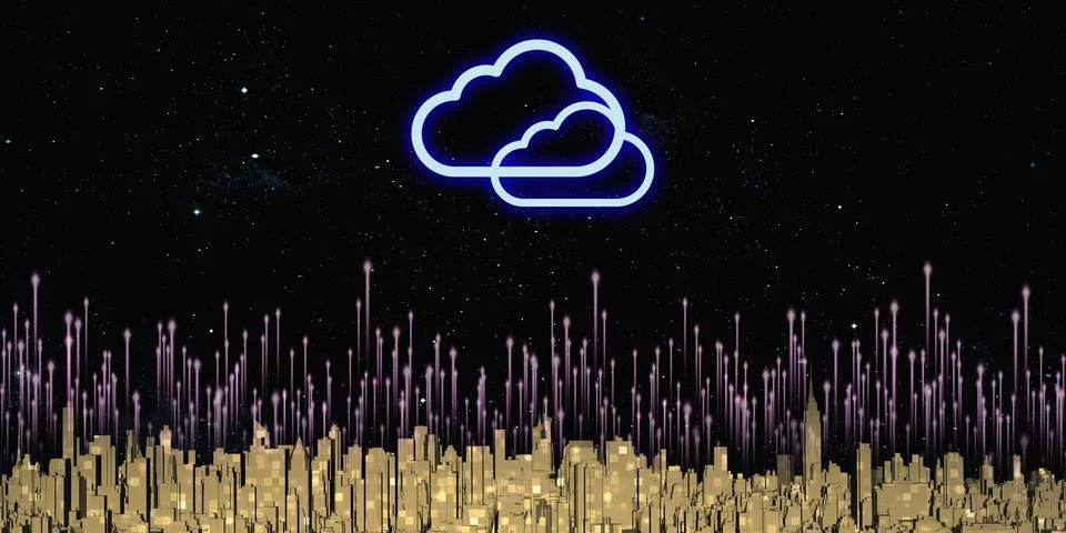 Storing data in the cloud Big city filled with tall buildings Internet storag Ilustración de archivo