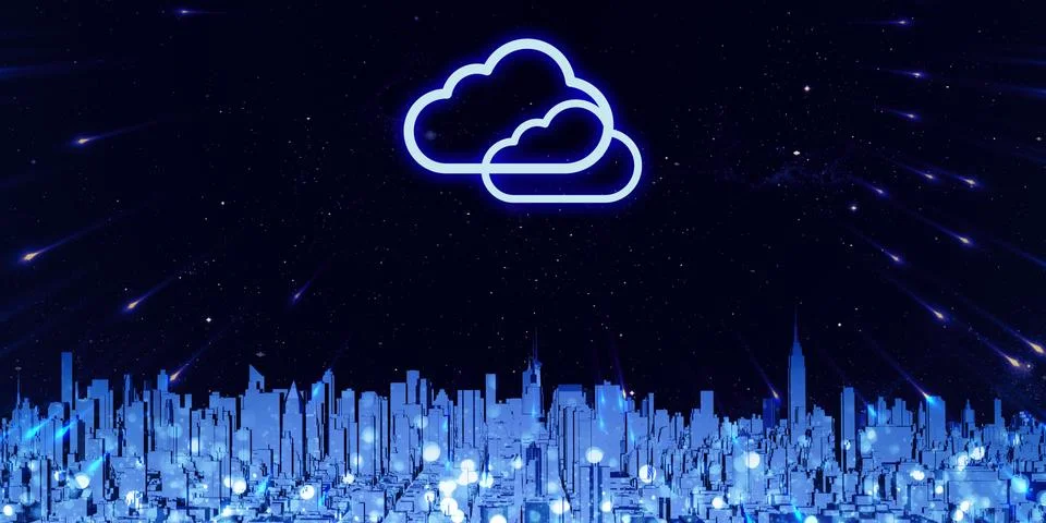 Storing data in the cloud Big city filled with tall buildings Internet storag Ilustración de archivo