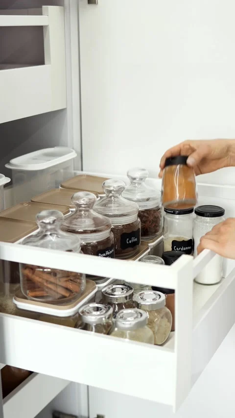 Storing spices in the kitchen Stock Footage 330545320
